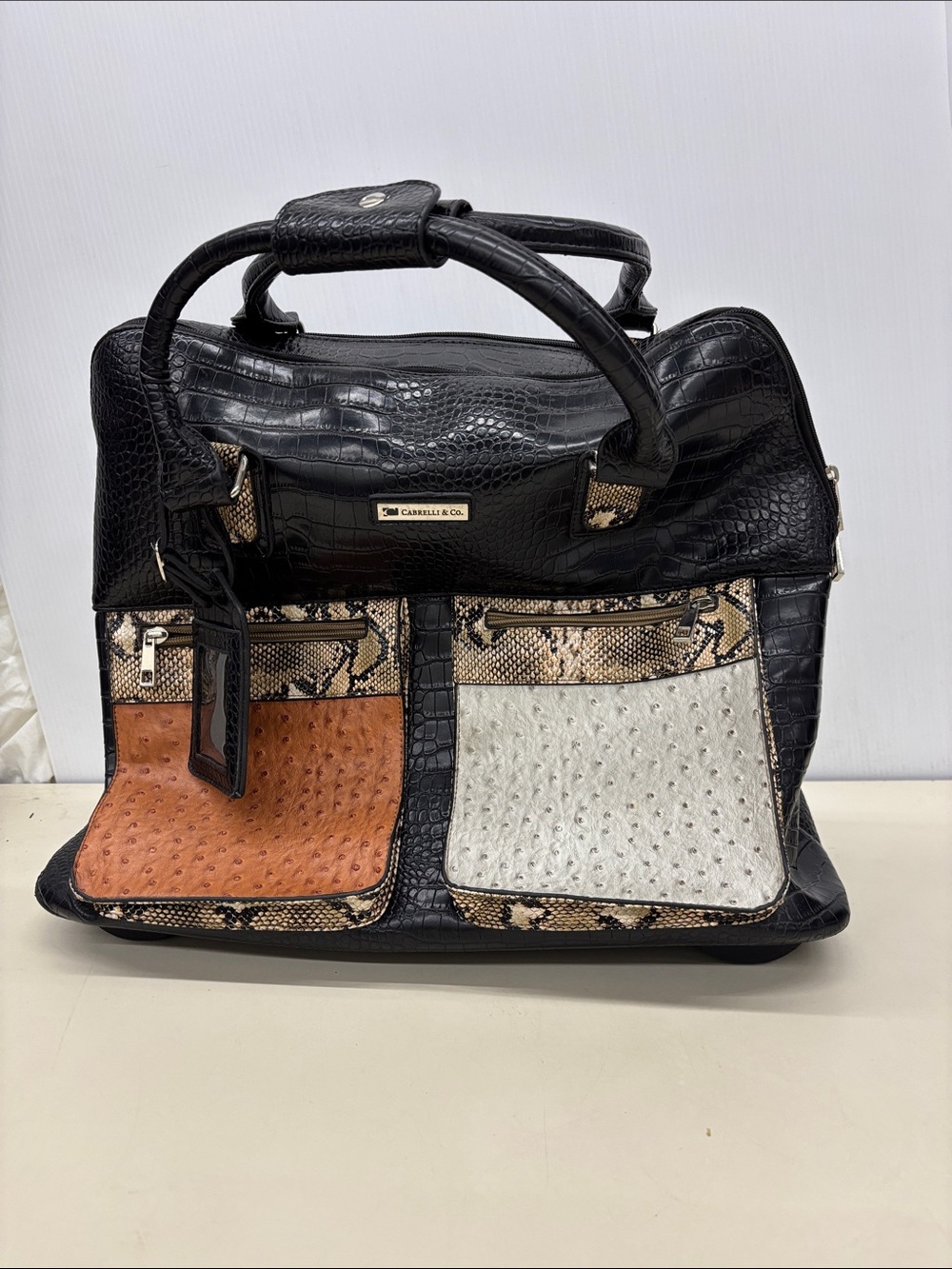 Black Satchel with Tan and Cream Front Pockets